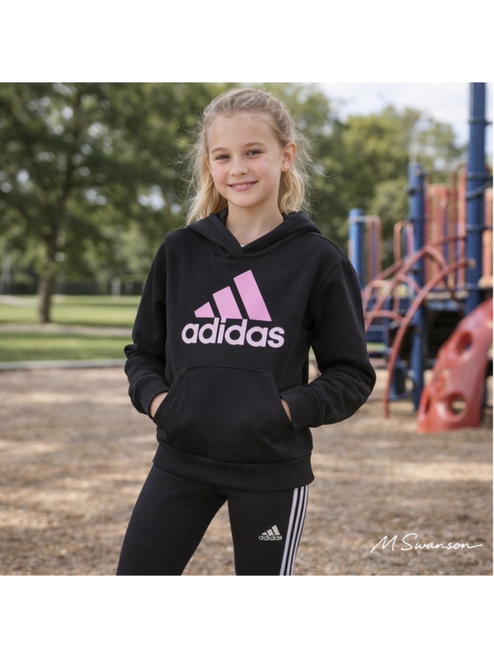 Adidas Girls Black Pink Hoodie Sweatshirt Leggings Set Medium - Picture 2 of 5